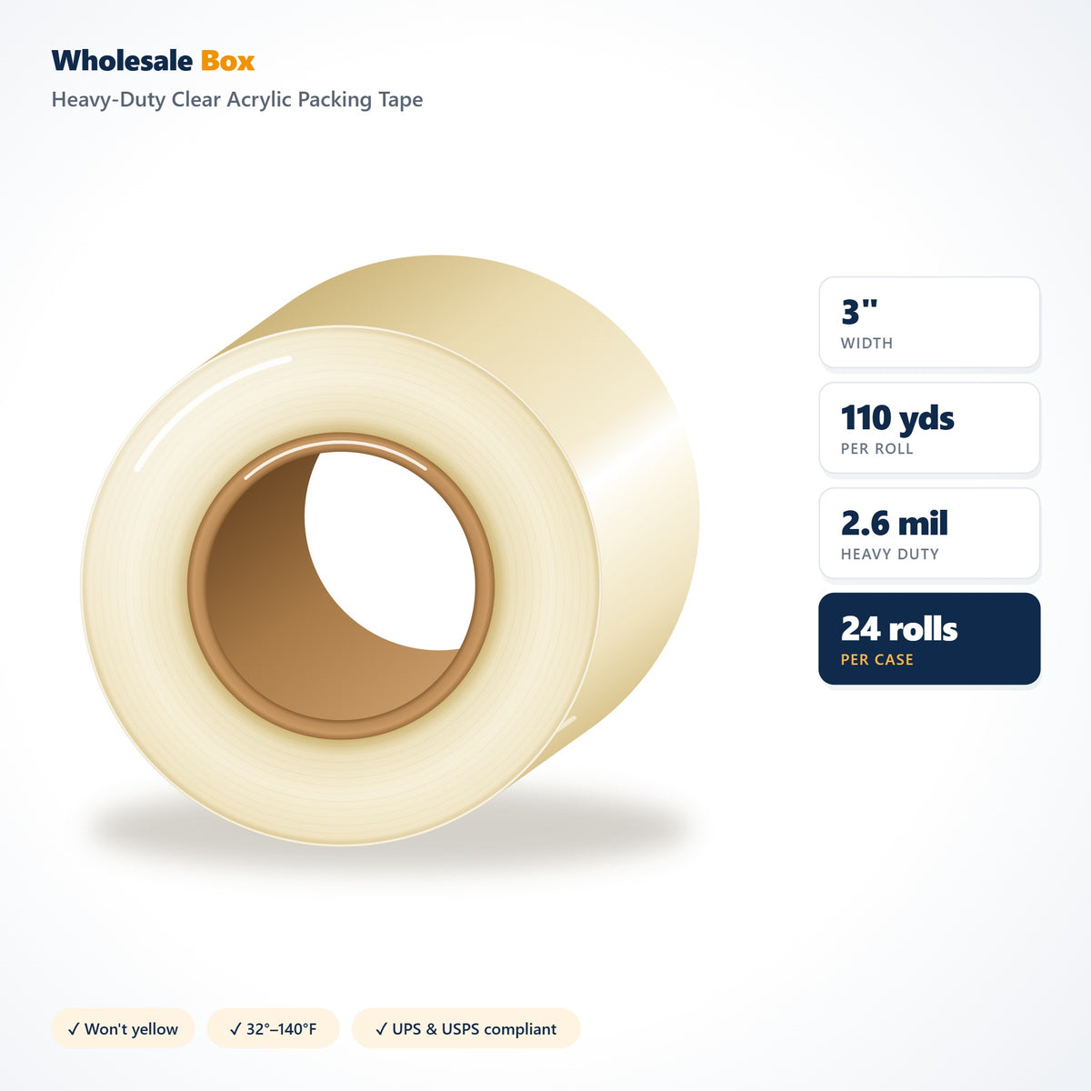 Clear Packing Tape, 3 Inch 2.6 Mil  x 110 Yards