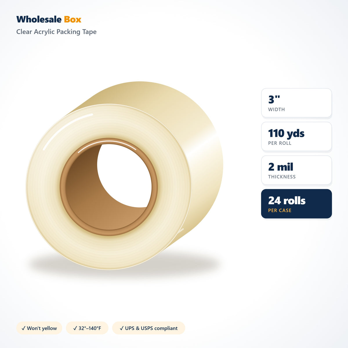 Clear Packing Tape, 3 inch 2 Mil x 110 Yards, 24 Rolls