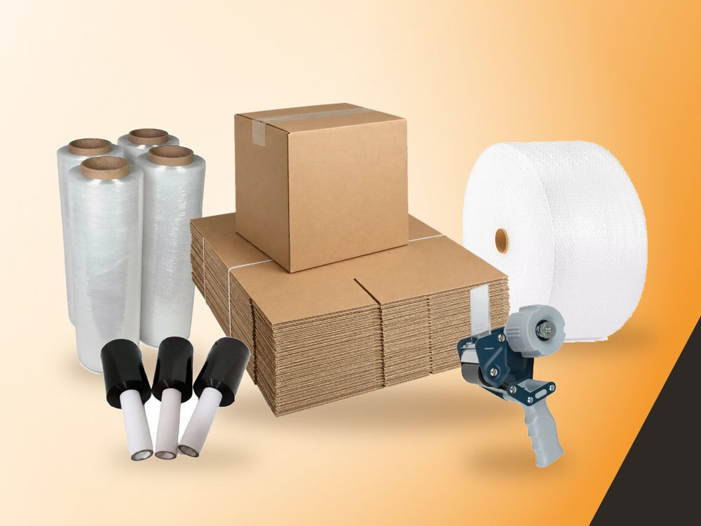 Shipping boxes, stretch film, banding film, bubble wrap and a tape dispenser